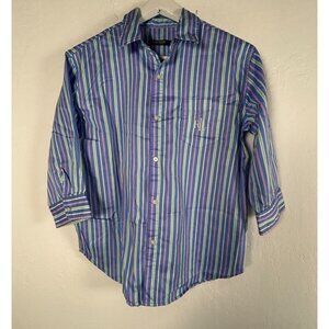 Lauren Ralph Lauren Womens Striped Button-Down Shirt Medium Blue 3/4 Sleeve